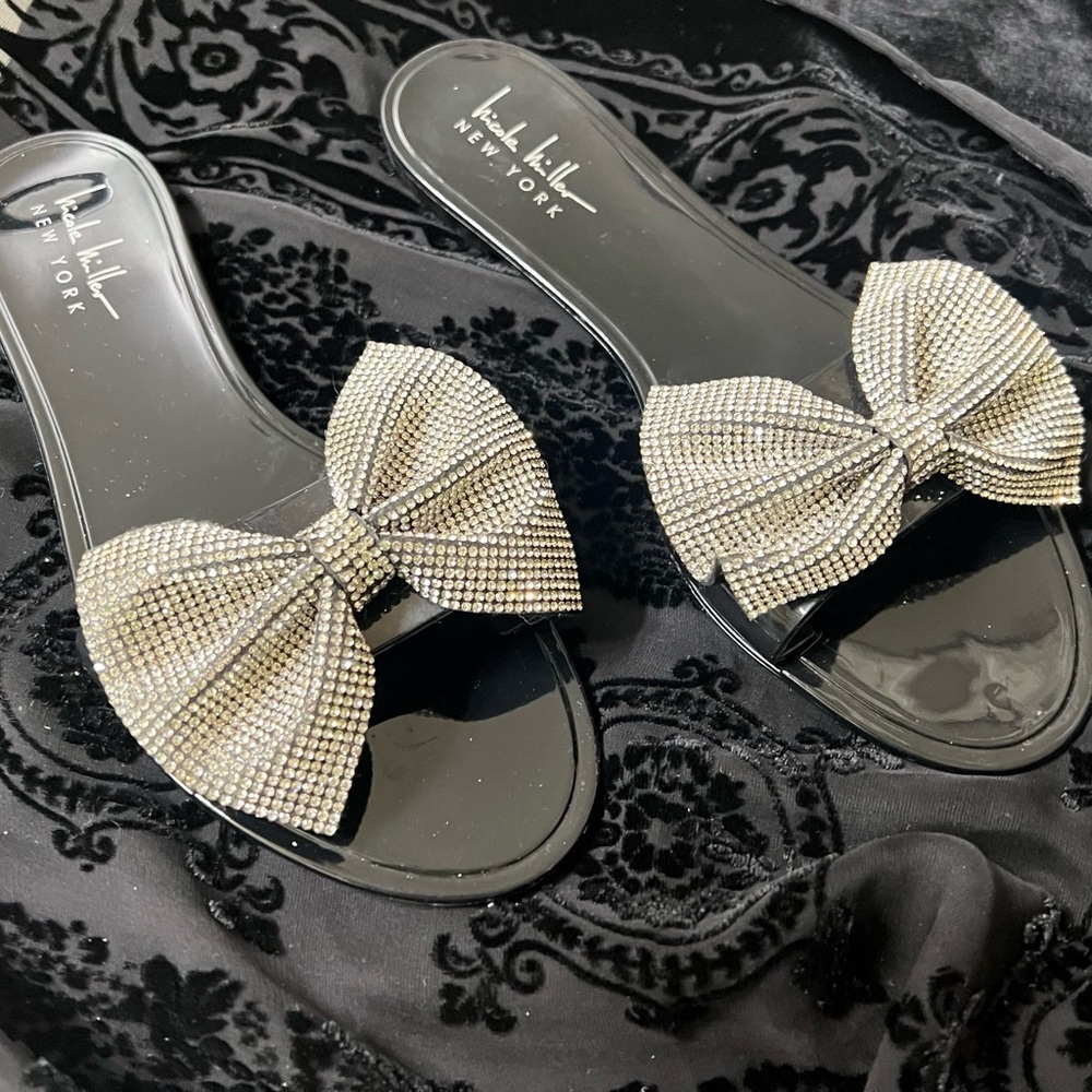 Nicole Miller Black and Silver Sandals with Bow